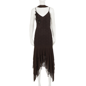 Vintage <b>Boho</b> Lace Spaghetti Strap Backless Midi Dress Women Sexy Irregular Ruffle Hem Party Cocktail Dress with Ribbon <b>Necklace</b> - Product Image 6