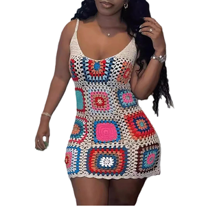 2025 yaz yeni fransız moda kadın gevşek örgü A-Line etek basit kanca çiçek delikli-out Fringe yelek doğal parti elbise - Product Image 3