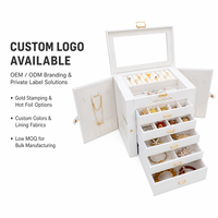 Boîte de rangement pour bijoux en cuir PU blanc sur mesure avec fenêtre en verre transparent, 5 tiroirs, 2 portes latérales, organiseur pour colliers
