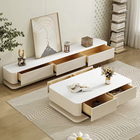 Ensemble de meuble TV de style français, blanc crème, en bois, avec table basse, rangement pour salon d'appartement, TV avec 3 tiroirs