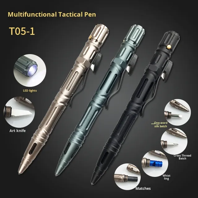 Fashionable Outdoor Compass Screwdriver LED Whistle EDC Survival Tactical Pen Aviation Aluminum Anti-wolf Pen with Blade Clip