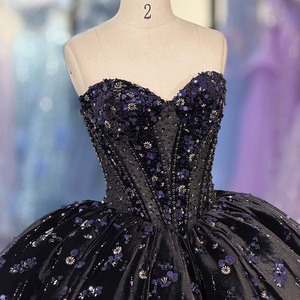8506 Strapless Black Mesh Tulle <b>Quinceanera</b> <b>Dress</b> With Embellished Bodice And Beaded Tulle Skirt For Photo Session - Product Image 4
