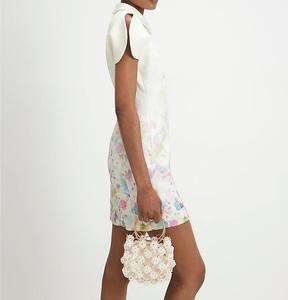 Robe courte à manches courtes pour femme, imprimé floral blanc, col mandarin, fermeture éclair au dos, élégante, pour le printemps, tissu tissé - Product Image 2