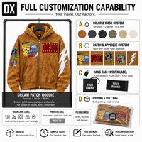 Hoodie zippé 380 g/m² avec empiècements personnalisés en patchs, appliques cloutées et badges sur les manches, effet délavé à l'acide, pour fabricants OEM ODM de marques