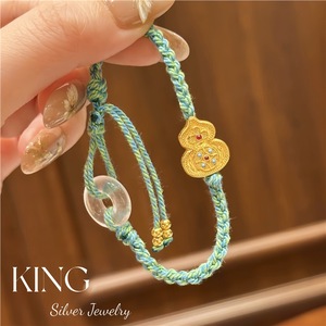 Pulsera Qinglan Treasure Gourd de Plata de Ley 925 Chapada en Oro con Cordón Trenzado, Estilo Chino Moderno, Joyería Unisex - Product Image 2