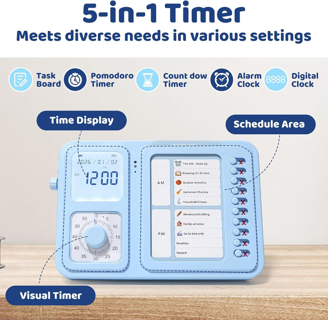 5 In1 Visual Timer ADHD Tool for Kids Adults Task Timer with Chore Chart Board Daily Checklist for School Classroom Desk Home