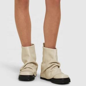 Stivali corti con suola spessa da <span class=keywords><strong>donna</strong></span> a punta quadrata con sovrapposizione di stivaletti alla caviglia con fondo piatto e scarpe con tacchi alti - Product Image 1