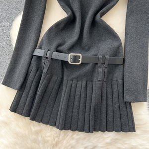 Abito in Maglia a Maniche Lunghe con Colletto a Contrasto per Donna Primavera 2025 (Midi Plissettato con Vita Impero) Stampa Floreale ODM Casual <span class=keywords><strong>Quotidiano</strong></span> - Product Image 3