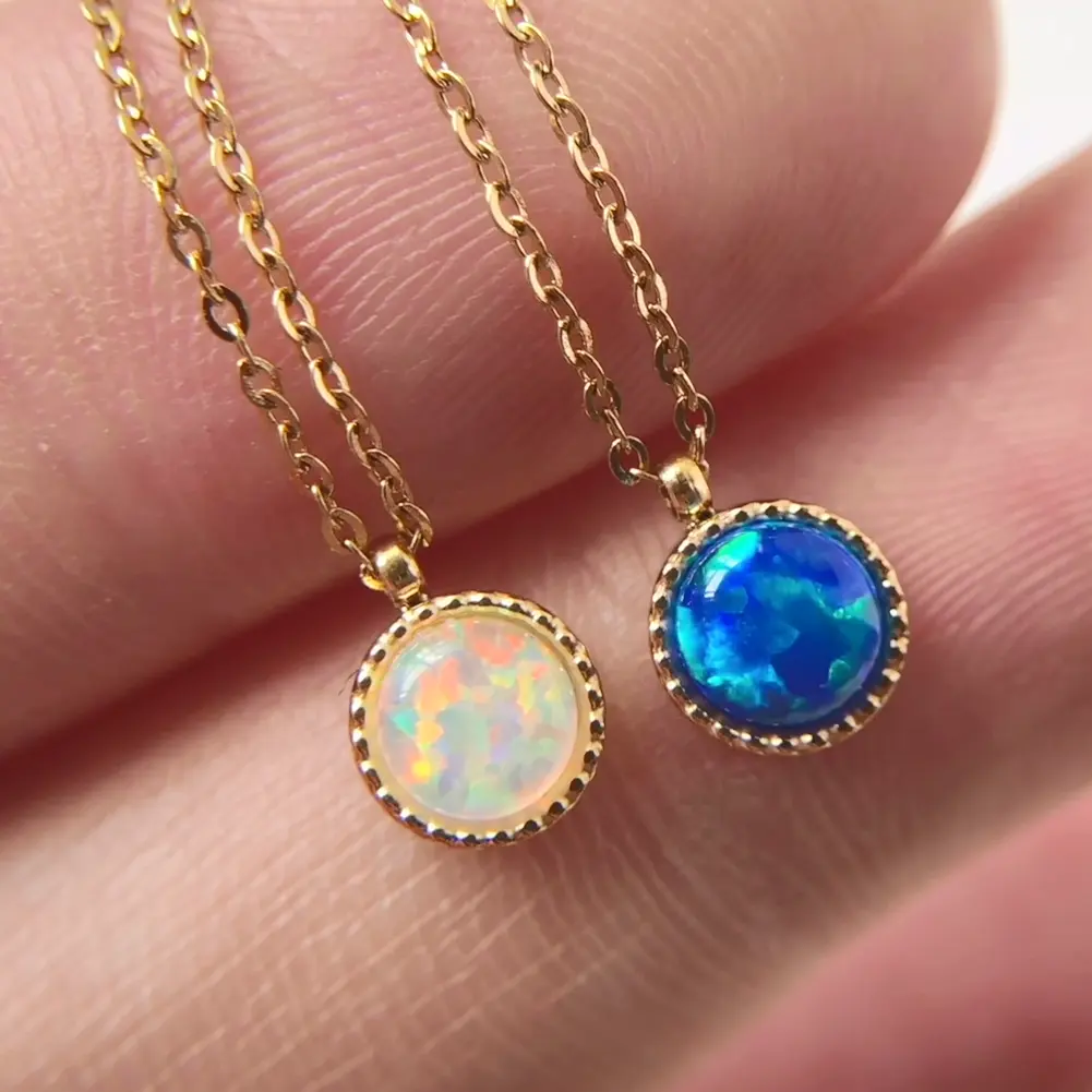 Wholesale Custom 18K Gold Plated Stainless Steel Chain Link Man-made White Blue Opal Stone Ball Pendant Necklace