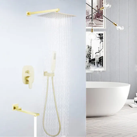 Système de douche de luxe avec pomme de douche pluie de 10 pouces, bec de baignoire, robinet thermostatique mural en or brossé, ensemble de douche à jets de massage