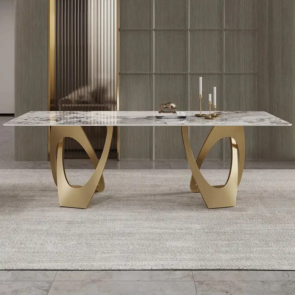 מודרני יוקרה זהב נירוסטה אוכל שולחן נירוסטה שולחן אוכל עיצובים אוכל שולחן סט 10 מושבים