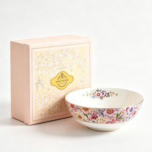 Vaisselle en céramique de luxe sur mesure, série florale Anna, bol de 9 pouces avec bord doré, coffret cadeau pour mariage. - Product Image 1