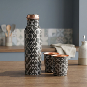 Oriental Pattern Copper Thermos With Two Matching Cups Portable <b>Drinkware</b> Set - Indian Home Crafts - Product Image 3