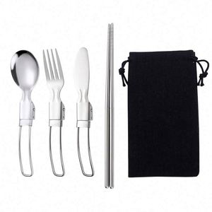 Portable Stainless Steel Cutlery Outdoor Camping Travel Flatware Set <b>Foldable</b> Detachable Knife Fork Spoon Bulk - Product Image 1