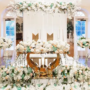 Популярный элегантный золотистый обеденный стол из нержавеющей стали для свадьбы, отеля, зала, праздника, банкета
