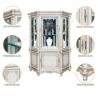 Vitrine à bijoux de style baroque français, vitrine hexagonale en verre avec éclairage LED intégré, cadre en or blanc ivoire
