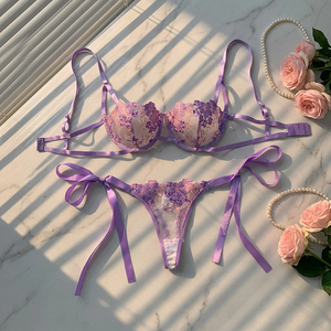 Women's Purple Floral Embroidery Lace Bra and Thong <b>Set</b> Semi Sheer Underwire Lingerie <b>Set</b> <b>Sexy</b> Two Piece Underwear <b>Set</b> - Product Image 2