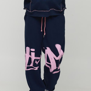 Conjunto de Sudadera con Capucha Extra Grande Azul Marino para Hombre con Estampado de Letras Rosas, Chándal de Forro Polar para Otoño - Product Image 2