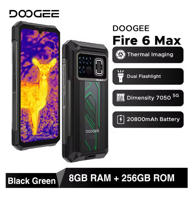 Doogee Fire 6 Max Rugged Smartphone Android 14 NFC Thermal Image Camera 120LM Beam Light 8+256GB 20800mAh Mobile Phones