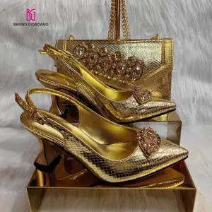 Nuevo diseño Original de fábrica, recién hecho, tacón alto, alta calidad, personalizado, Sexy, cristal dorado, zapatos y bolsos de mujer