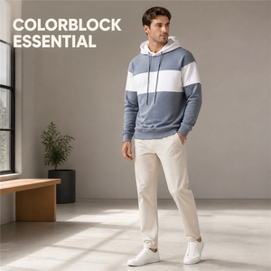 Sudadera con Capucha para Hombre, Diseño de Paneles Horizontales, Color Block, Corte Regular, Informal, de Algodón Tejido, con Capucha Blanca, para Otoño - Product Image 5