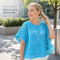 Haut en crochet personnalisé OEM ODM pour femme, chemisier en dentelle à manches courtes, poncho en maille ouverte, col rond, ourlet festonné, chemise décontractée d'été