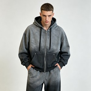 Sweats à capuche pour hommes personnalisés, en coton épais 100 %, imprimés à l'écran, avec fermeture éclair, style vintage délavé au soleil, pour l'automne - Product Image 4