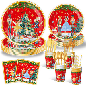 Nouvel Arrivage : Ensemble de Vaisselle Jetable Thème Casse-Noisette Rouge – Fournitures Modernes pour Fêtes de Noël avec Assiettes, Gobelets, Serviettes et Nappe en Papier - Product Image 1