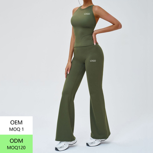 女性フィットネスジム服スポーツタンクトップピラティスソリッド通気性ワイドレッグパンツワークアウトヨガ衣装2点セット - Product Image 4