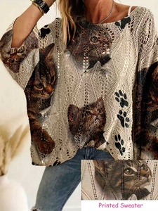 Maglione da <span class=keywords><strong>Donna</strong></span> Bohemien con Stampa Digitale Gatto, Collo <span class=keywords><strong>a</strong></span> O, Oversize, in <span class=keywords><strong>Maglia</strong></span> Pointelle, 100% Poliestere, Collezione Primavera 2026 - Product Image 1
