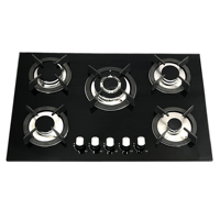 Table de Cuisson à Gaz 5 Brûleurs, Verre Noir avec Grilles en Fonte, pour Appareils de Cuisine