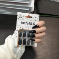 24 faux ongles à presser, forme amande, longueur moyenne, noir et bleu, réutilisables, dégradé foncé, motif patte de chat, luxe, pour doigts