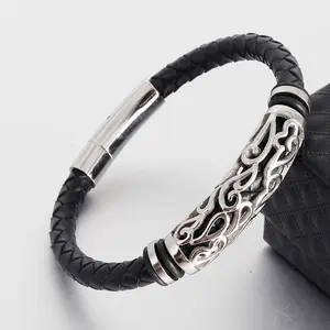 Whole Sale Black Leather Cord Couro Trançado Pulseira Handmade Men Trançado Couro Jóias De Aço Inoxidável Para Homens Meninos