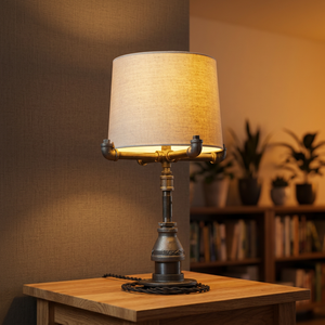 Industrial Iron Modern Table Lamp Beige Linen <b>Drum</b> <b>Shade</b> E26 LED 3500K Warm White Switch Control Bedroom Decorative - Product Image 4