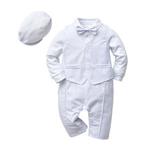 Le plus récent costume de garçon blanc 3 pièces avec chapeau coton barboteuse garçons bébé vêtements ensemble bébé garçon barboteuse - Product Image 2