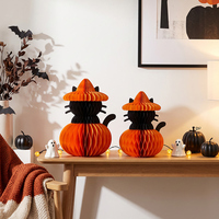 Lot de 3 décorations en papier nid d'abeille pour Halloween : Citrouille, Chat Noir, Hibou – Effet 3D, Écologiques et Réutilisables pour Fêtes d'Automne et Tables de Récolte