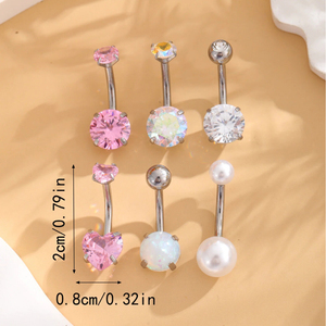 Lot de 6 Piercings de Nombril pour Femme, Bijoux en Cristal et Strass, Hypoallergéniques, Argent, Cadeau de Fiançailles et de Mariage - Product Image 3