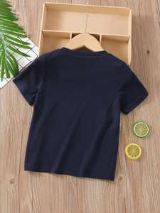 <span class=keywords><strong>T</strong></span>-<span class=keywords><strong>shirt</strong></span> décontracté à manches courtes en tricot compressé pour garçon, bleu marine, blanc, <span class=keywords><strong>jaune</strong></span>, col rond, taille plus, logo - Product Image 2