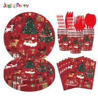 Weihnachtsparty-Geschirr Einweg-Pappteller Becher Servietten Besteck Weihnachtsbaum Elch Santa Deko Winter Feiertags-Tischzubehör