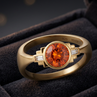 Bague de fiançailles Art Déco dorée avec pierre centrale ronde en quartz orange et pierres latérales baguette serties à griffes pour femme