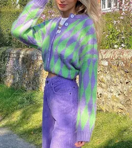 Pull Oversize tricoté violet Vintage pour femme, vêtement de rue, Sexy, col en v, chaud, automne
