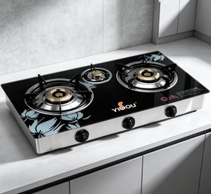 Black Floral Pattern Tempered Glass Triple Burner Gas <strong>Cooktop</strong> with Energy-Saving Feature for Outdoor and Household Use - Product Image 4
