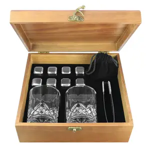 Wooden box Gift set 2pcs wine glass 8pcs whiskey chilling stainless steel ice cubes
