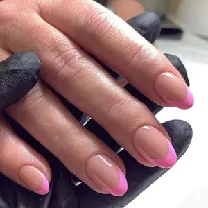 개인 라벨 슈퍼 프랑스 라운드 장미 가짜 손톱 프레스 인공 손톱 뜨거운 핑크 로고 도매 24pcs