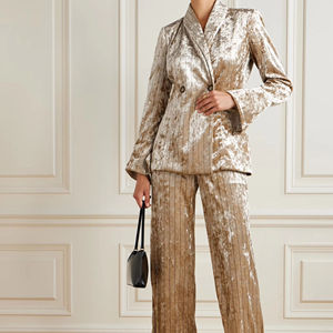 Double-Breasted Plaid Crushed-<b>Velvet</b> <b>Blazer</b> with Hand Embroidery and Anti-Wrinkle Feature - Product Image 1