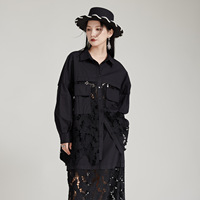 Chemise mi-longue en coton pour femme, design de niche, style industriel, motif floral brûlé, infroissable, avec boutons décoratifs