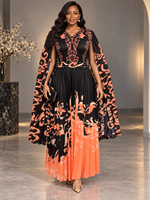 Nouvelle Arrivée 2026 – Robe Longue Plissée Élégante Noire Brodé et Imprimé avec Manches Cape pour Femme, Idéale pour Mariage et Soirée
