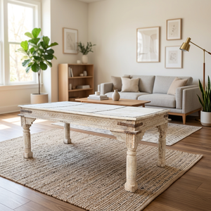 Mesa de Centro de Madera Tallada a Mano Estilo Rústico, Muebles de Salón Estilo Granja Antigua con Detalles Metálicos - Product Image 6
