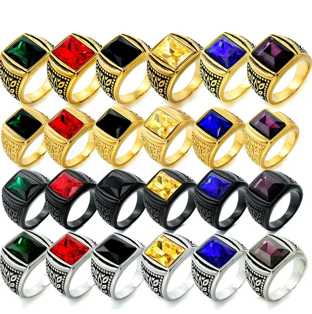 2023 en stock oro negro Acero inoxidable punk hombres anillo rojo verde color esmeralda piedras preciosas anillo masculino y femenino joyería