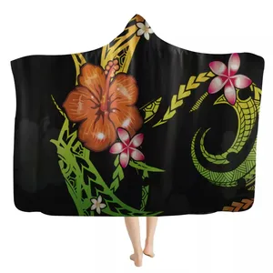 Grosir anti dingin selimut-Winter and autumn festivals with warm and cold weather hooded plush blankets Polynesian hibiscus print design custom